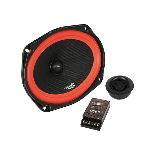 The Vega 2025 Edition V69C component speakers feature an oval black carbon fiber cone with red rubber surround, sleek round tweeter, compact metallic black frame crossover, and textured unit design, making it a standout in any car audio system.