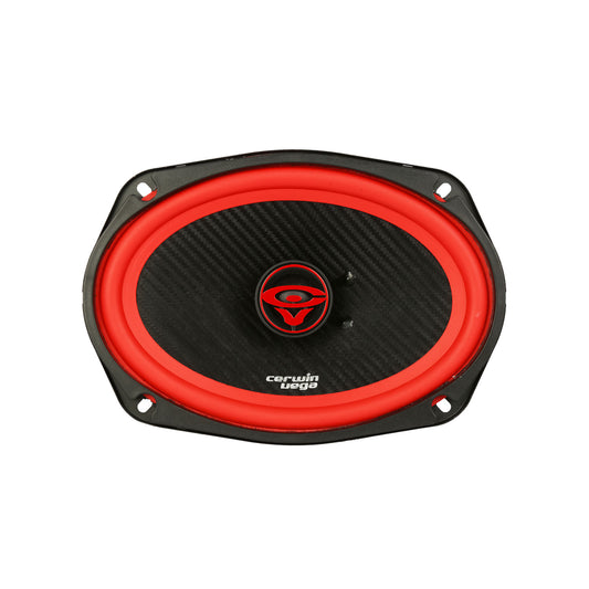 The Vega 2025 Edition 6X9" coaxial speaker features an oval shape with a red and black design, including a red rim and emblem on a carbon fiber texture. "Cerwin Vega V69" is printed in white below, part of the iconic Vega Series, with four mounting holes at the edges.