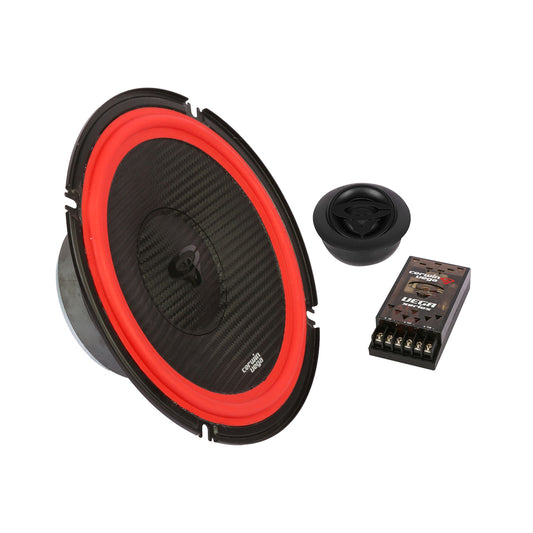 The Vega 2025 Edition V80C car audio system features 8" component speakers with a red-rimmed black cone, a sleek round tweeter, and a black crossover with labeled terminals. The clear cover reveals intricate components against a pristine white backdrop.