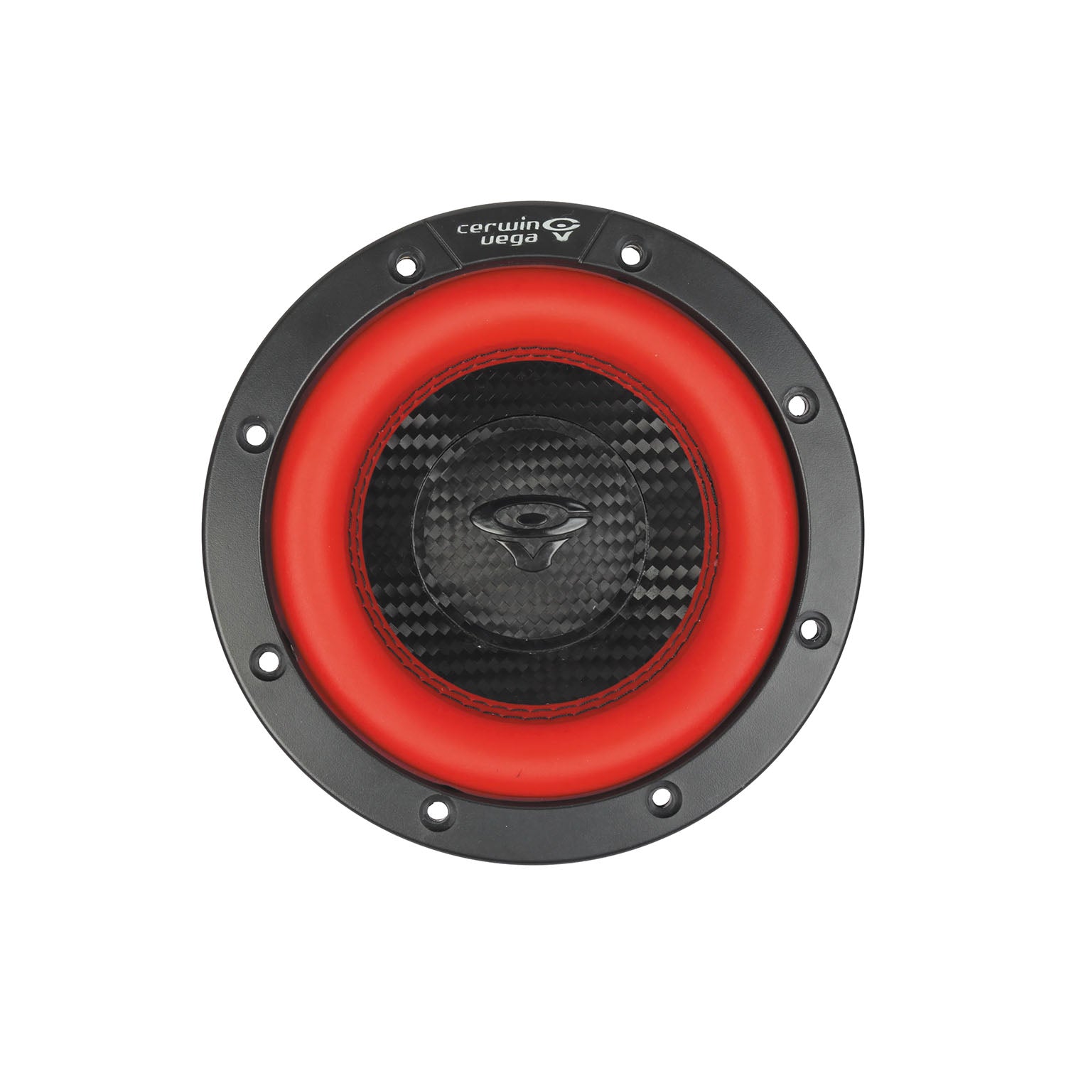 Close-up of the Vega 2025 Edition Subwoofer by Cerwin Vega, showcasing a sleek circular design with an outer black ring, bright red inner ring, and a textured black grille featuring an eye-like logo. A stylized "G" symbol tops it off.