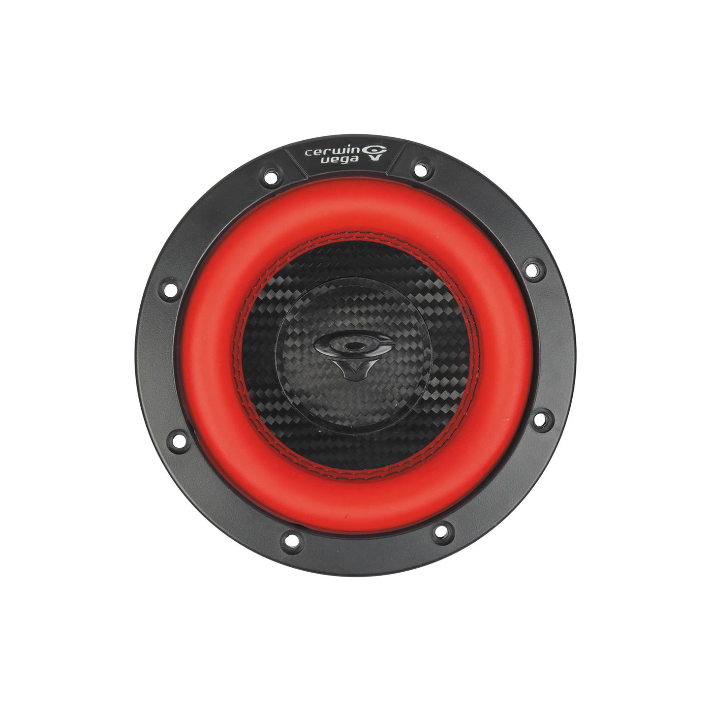 A circular Cerwin Vega V8DV4 subwoofer features a red outer ring, textured black inner section with an eye symbol logo, and a black mounting frame with visible screws. "Cerwin Vega" is printed in white on top.