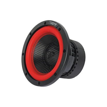 The Cerwin Vega Vega 2025 Edition Subwoofer (V8DV4) is an 8" 4Ω DVC subwoofer with a black and red design, featuring a carbon fiber cone and logo at the center. It has a textured surface, prominent red ring around the cone, cylindrical body extending backward, and front flange mounting holes.