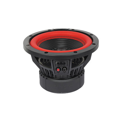 The Vega 2025 Edition Subwoofer, model V8DV4 by Cerwin Vega, is an 8" 4Ω DVC subwoofer with a black and red round robust design. It includes a black basket with slotted openings, a red cone with a black ring, visible electrical connectors, and coiled suspension. The base subtly features the Cerwin Vega brand.