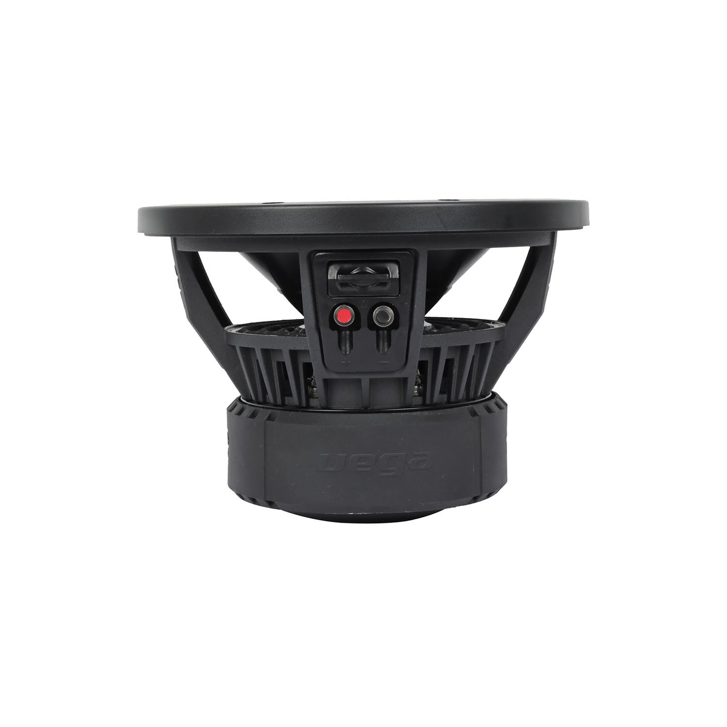 The Cerwin Vega Vega 2025 Edition Subwoofer is an 8-inch, black subwoofer with a robust industrial design. Featuring a round shape, it has central speaker cones and perimeter vents. Red and black terminals are on the back, and "vega" is subtly embossed on the lower section.