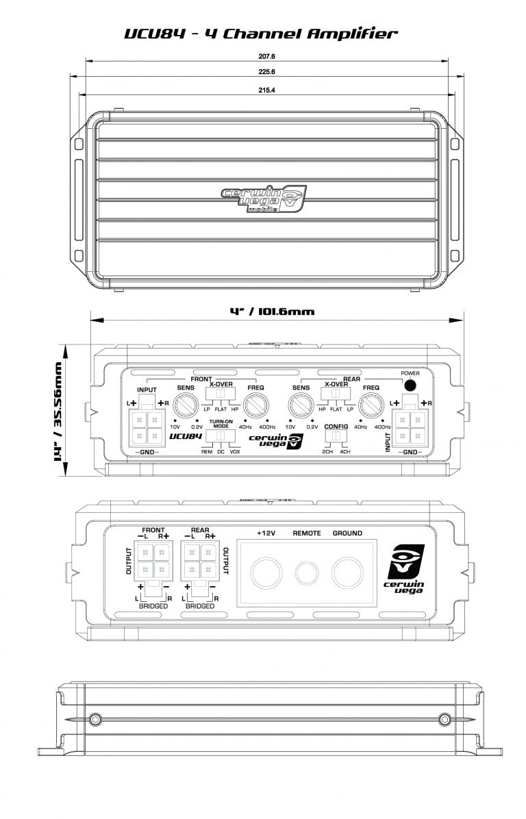 Explore the detailed diagram of the VEGA Class-D Digital 4 Channel Amplifier - VCU84, showcasing top, side, and front views. With dimensions of 207.5mm x 101.6mm x 35.5mm, it features labeled components: input, bridge, power, ground and prominently displays the Cerwin-Vega logo at its center.