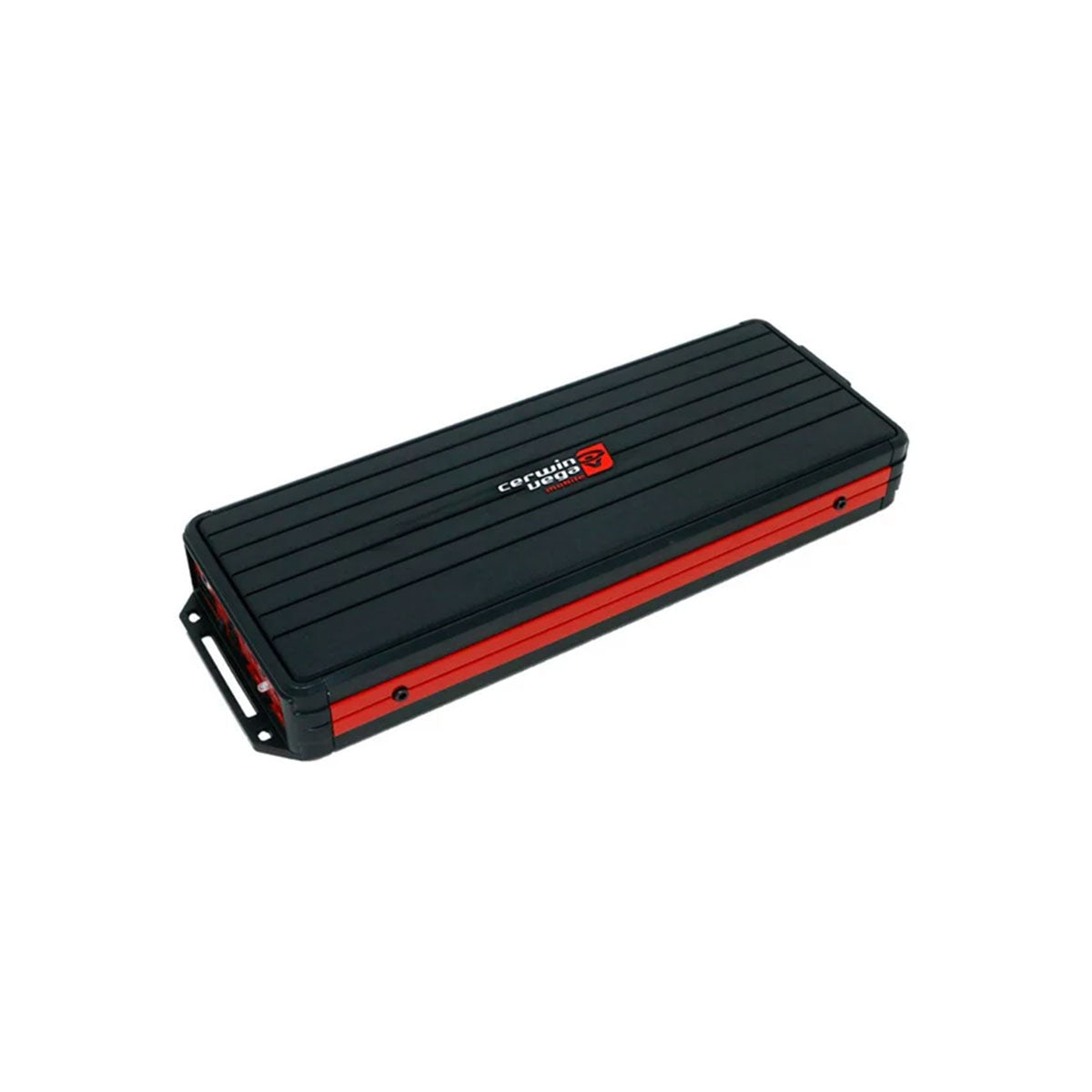 A storage case for the VEGA Class-D Digital 6 Channel Amplifier - VCU86 by Cerwin Vega features a black rectangular design with embossed lid lines, red and black clasp, water-resistant Craftsman logo with small red square, red-edged accents, and two side metal mounting brackets for stability.