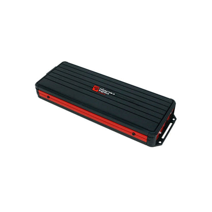 A black and red rectangular case with a textured lid showcases the Chicago Pneumatic logo. The water-resistant design, sturdy red sides, and robust black edges ensure durability. A small black handle on the right side indicates easy carrying for tools. Brand: Cerwin Vega; Model: VEGA Class-D Digital 6 Channel Amplifier - VCU86.