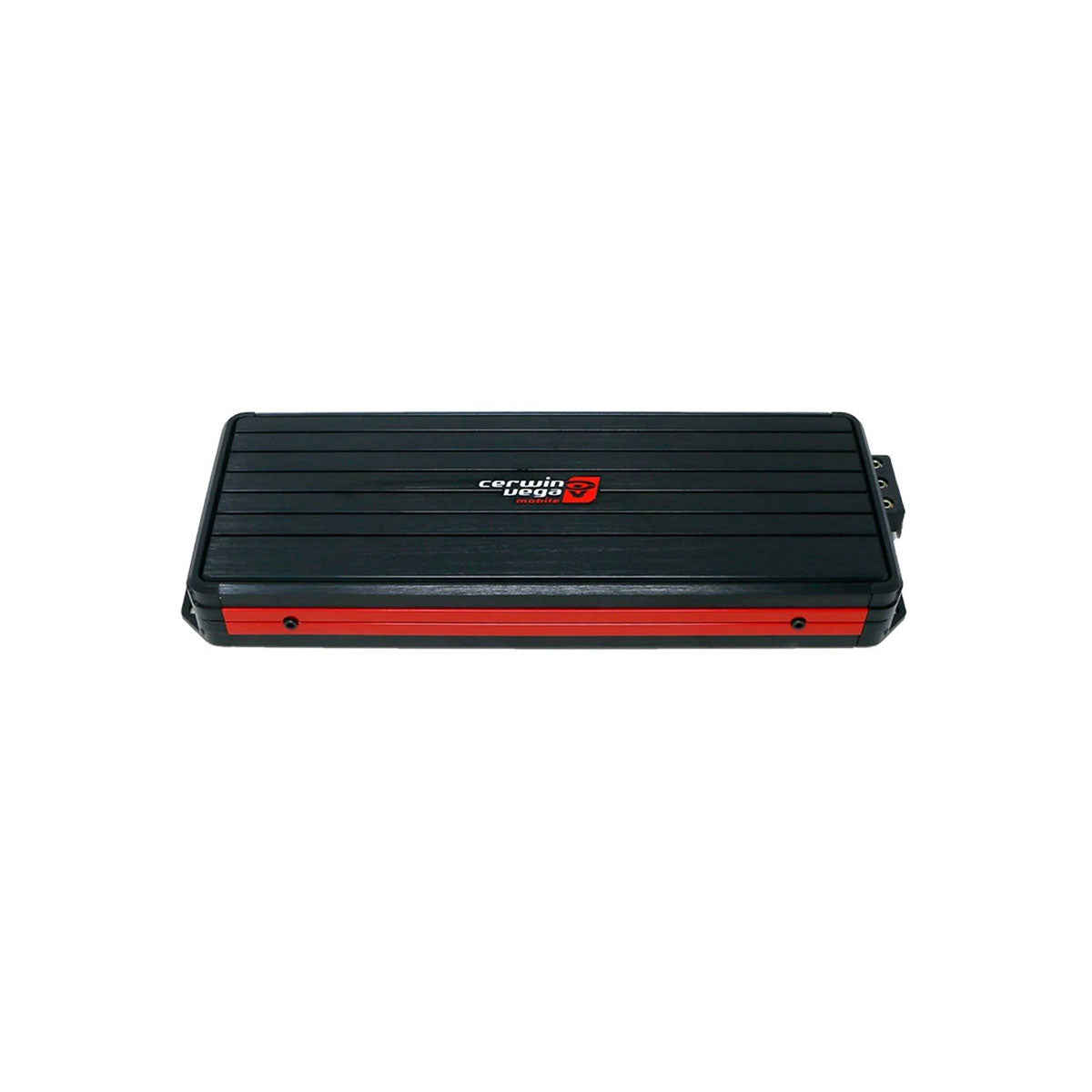 The VEGA Class-D Digital 6 Channel Amplifier - VCU86 from Cerwin Vega is a rectangular, ribbed black and red amplifier featuring the "cordial cables" logo in the center, with two red side strips and a possible connector protrusion. Its clean, minimalist design suggests a professional, technical device.