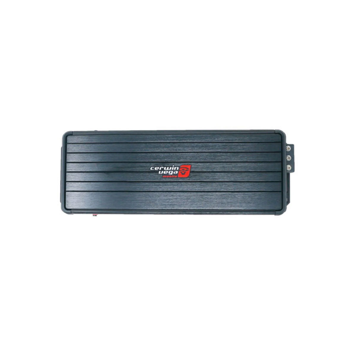 The Cerwin Vega VEGA Class-D Digital 6 Channel Amplifier (VCU86) is a rectangular black amplifier with high-efficiency digital topology, horizontal grooves, and a centered logo with red emblem. Featuring power and speaker connections on the right, it has a sleek and modern metallic finish.