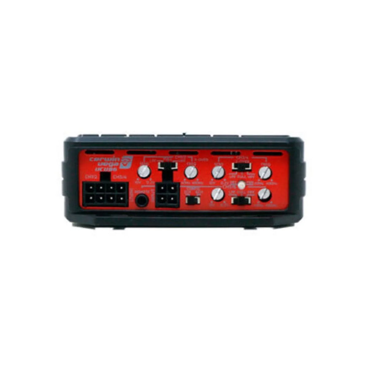 The rear view of the Cerwin Vega VEGA Class-D Digital 6 Channel Amplifier - VCU86 showcases a black casing with a red connector panel, featuring numerous knobs and switches for audio adjustments, and labeled ports for speaker and power connections.