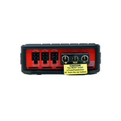 The Cerwin Vega VEGA Class-D Digital 6 Channel Amplifier - VCU86 has a sleek rectangular design with a black and red panel, four speaker outputs labeled CH1-CH4, three metal input terminals, and a yellow caution label advising fuseholder installation 18 inches from the car battery for safety.