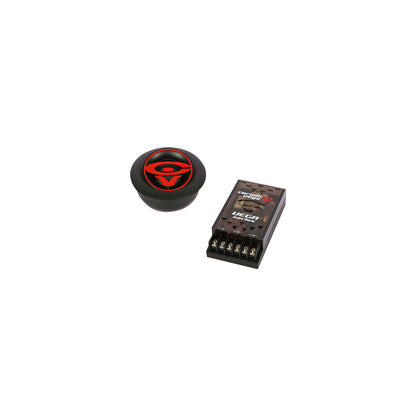 A black, round electronic device with a red logo resembling an eye or swirl is paired with the Cerwin Vega VT1 Ultra db EDITION, featuring a 1" tweeter for high-frequency performance and multiple connector terminals.