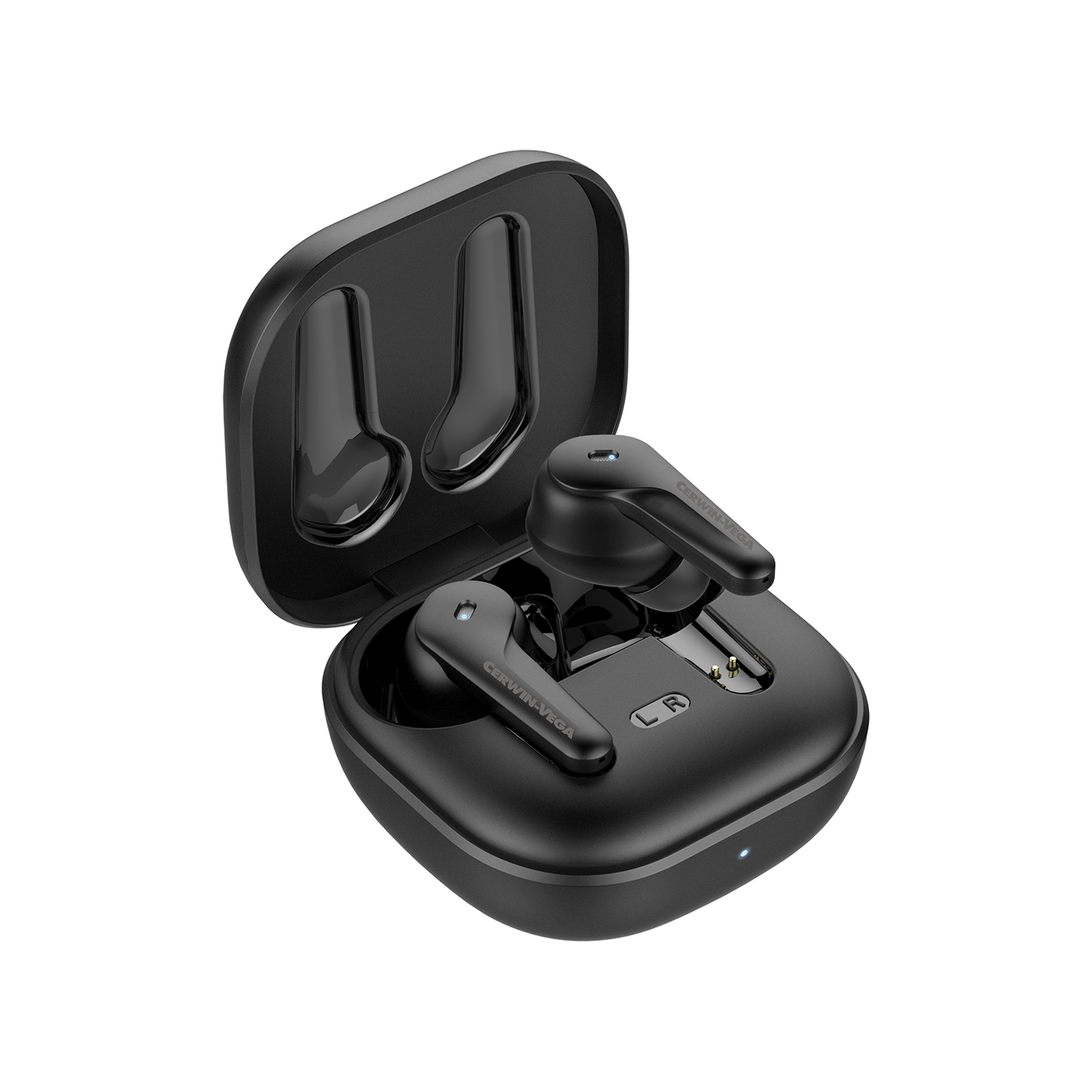 Meet the VegaBuds Wireless Earbuds – EB1, sleek black earbuds with premium sound. They come in an open square charging case with rounded corners and a front LED light. Enjoy active noise cancellation and clear left/right labels.