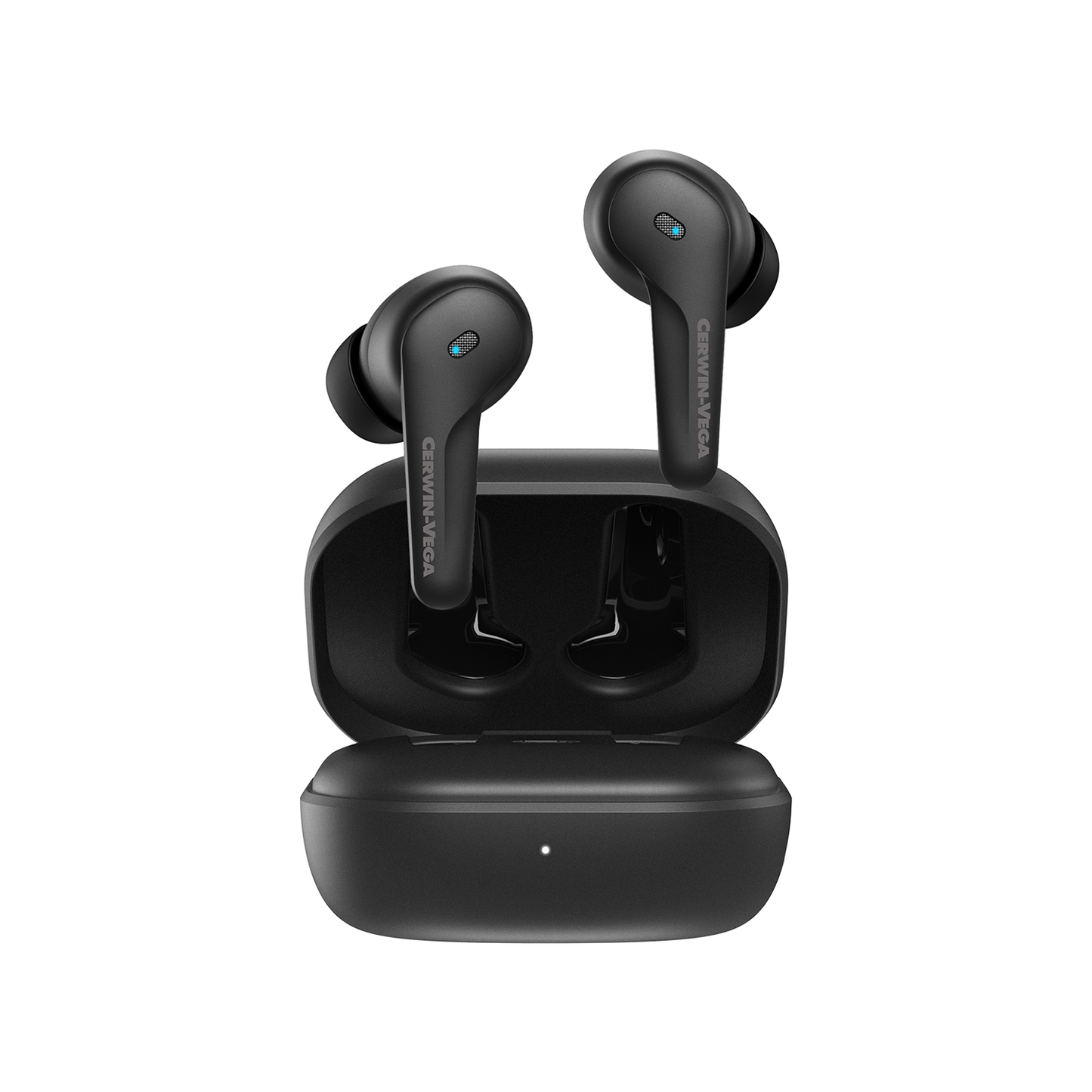 The VegaBuds Wireless Earbuds – EB1 in an open charging case deliver premium sound. Each black earbud has a small blue light, stem design, and active noise cancellation. The sleek black case features a front LED for charging status, with earbuds positioned vertically inside.