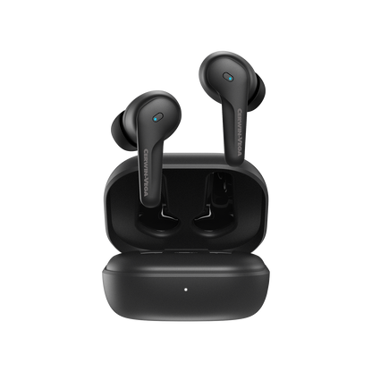 The VegaBuds Wireless Earbuds – EB1 in an open charging case deliver premium sound. Each black earbud has a small blue light, stem design, and active noise cancellation. The sleek black case features a front LED for charging status, with earbuds positioned vertically inside.