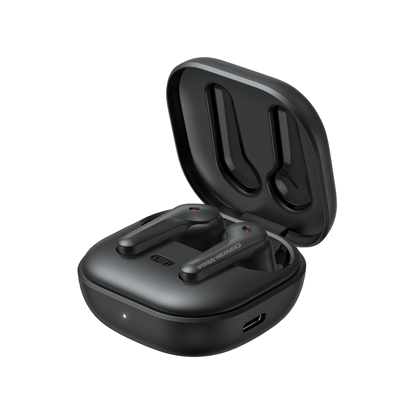 The VegaBuds Wireless Earbuds – EB1 sit in an open black charging case with a USB-C port, delivering premium sound. These glossy earbuds have subtle text, and the case's interior is perfectly molded for a secure fit.