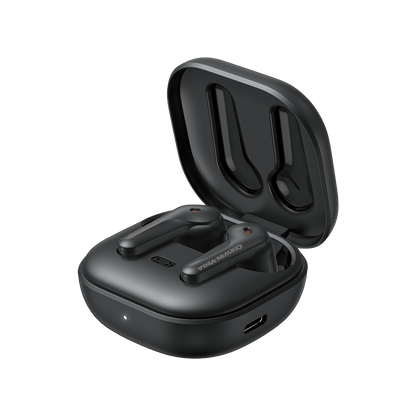 The VegaBuds Wireless Earbuds – EB1 sit in an open black charging case with a USB-C port, delivering premium sound. These glossy earbuds have subtle text, and the case's interior is perfectly molded for a secure fit.