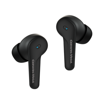 VegaBuds Wireless Earbuds – EB1 in black feature elongated stems with the elegant "Cerwin-Vega" logo in white. Enjoy premium sound and active noise cancellation. Each earbud includes a small blue light indicator near the speaker mesh on a transparent background.