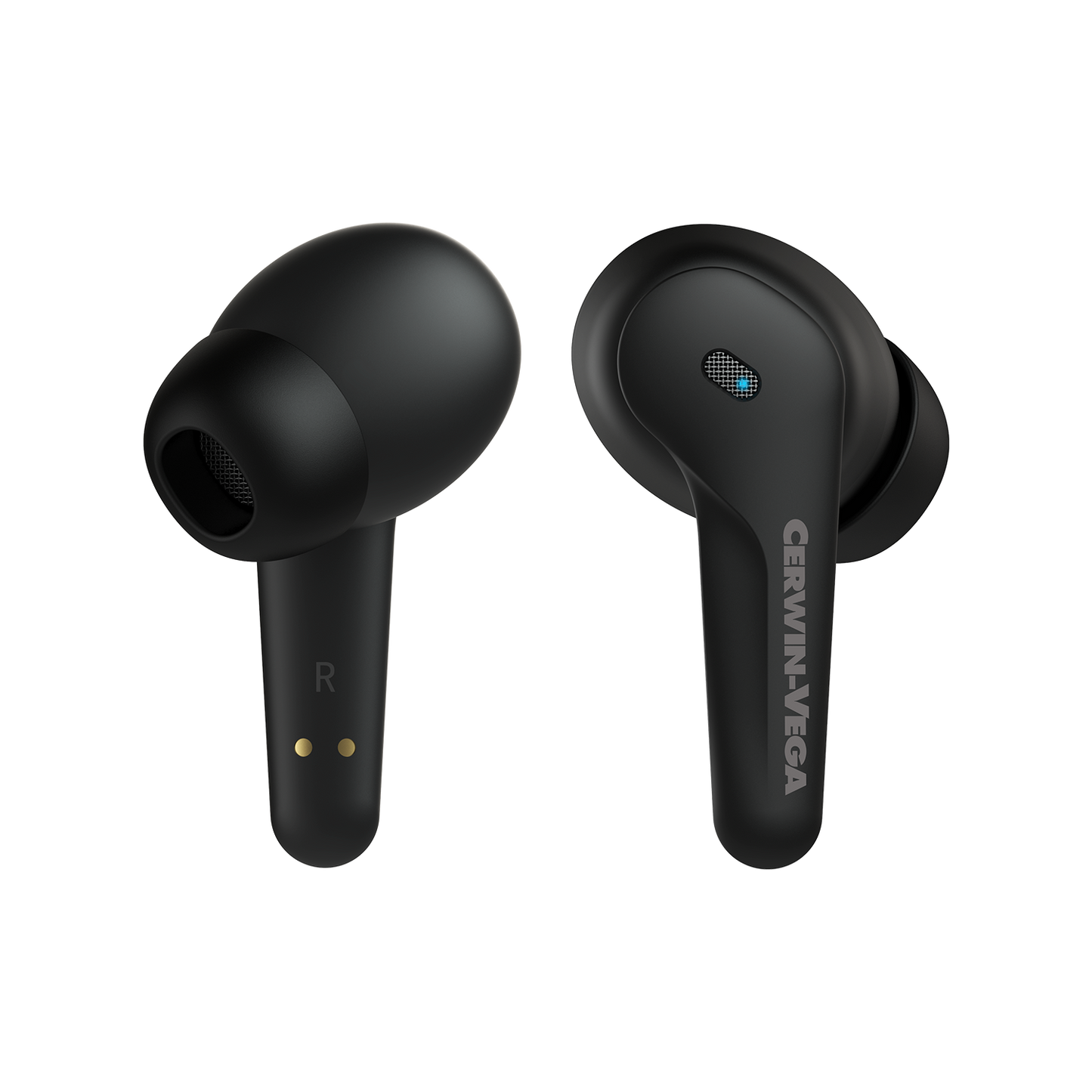 Introducing VegaBuds Wireless Earbuds – EB1: featuring a sleek black matte finish. The left earbud has "CERWIN-VEGA" and a mic grille, while the right sports an "R" marking with gold charging contacts. Experience premium sound, active noise cancellation, and comfort with silicone ear tips.