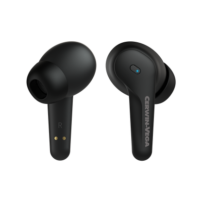 Introducing VegaBuds Wireless Earbuds – EB1: featuring a sleek black matte finish. The left earbud has "CERWIN-VEGA" and a mic grille, while the right sports an "R" marking with gold charging contacts. Experience premium sound, active noise cancellation, and comfort with silicone ear tips.