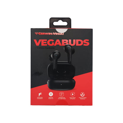 Cerwin-Vega! VegaBuds EB1 Wireless Earbuds come in red and black packaging, featuring sleek earbuds and a charging case. Highlights include automatic pairing, low-latency chips, long play-time, digital display, touch control, premium sound quality, and active noise cancellation.