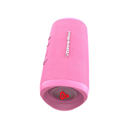 The VegaMini - Compact Powerhouse Bluetooth Speaker is a pink, textured, cylindrical speaker with the Cerwin Vega logo in white. It features a rubberized base and visible power button with a red symbol, offering an immersive audio experience through its sleek, rounded edges when positioned at an angle.