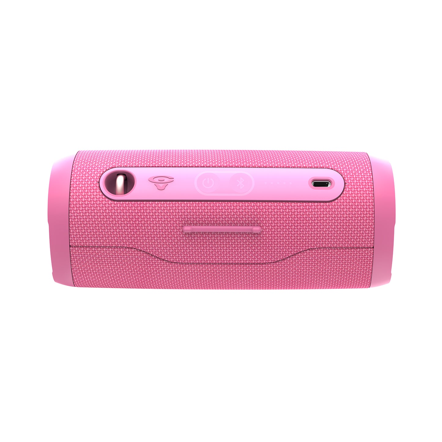 The VegaMini is a pink cylindrical Bluetooth speaker with a textured finish offering immersive audio. It has top-mounted control buttons for power, Bluetooth, and volume. TWS-enabled with a sleek design featuring rounded edges, it includes a USB-C charging port on the right side.