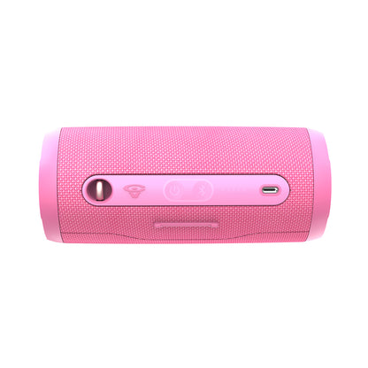 Experience immersive audio with the pink VegaMini, a cylindrical Bluetooth speaker featuring a textured surface, TWS capability, and a control panel with power, Bluetooth, and multifunction buttons. Its oblong design has rounded ends and a side charging port.