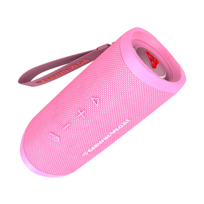 The VegaMini - Compact Powerhouse Bluetooth Speaker is a pink, cylindrical Bluetooth device with mesh texture. It delivers immersive sound with TWS technology, includes a carrying strap and side buttons (power, minus, plus), and features the brand logo near the bottom.