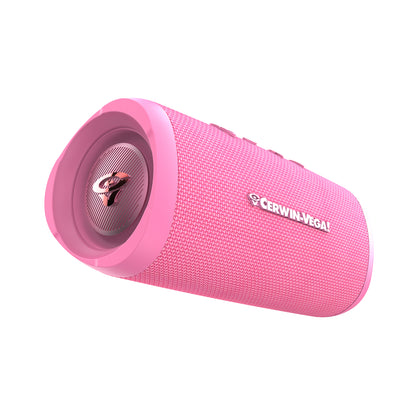 The VegaMini is a compact powerhouse cylindrical Bluetooth speaker with a pink mesh exterior and the "Cerwin-Vega!" brand in white. It features a stylized logo, grill pattern for immersive audio, and three top-side control buttons for easy access.