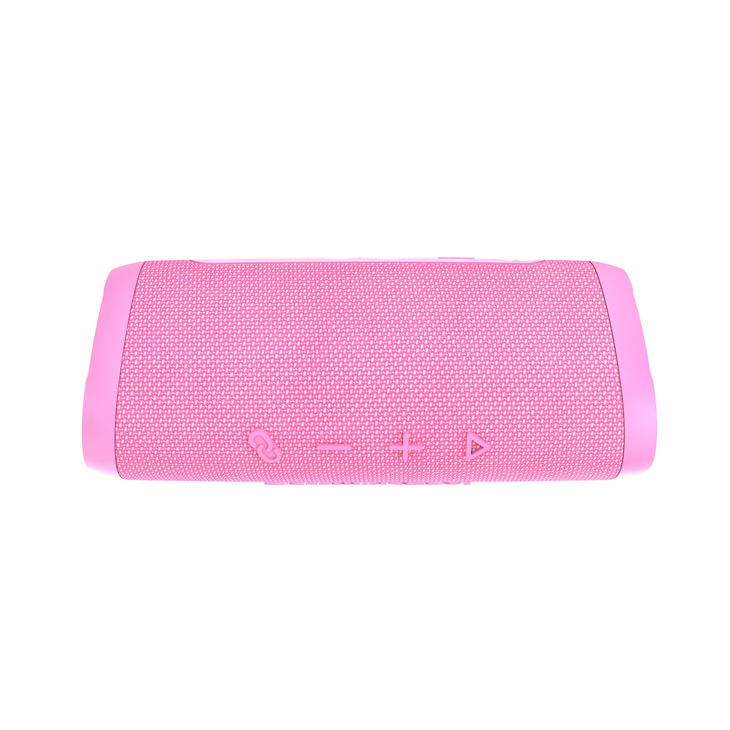 The VegaMini Bluetooth speaker, in pink, features a cylindrical design with textured fabric and discrete side controls for volume and power. Positioned horizontally on a white background, it offers an immersive audio experience with True Wireless Stereo (TWS) for seamless connectivity.