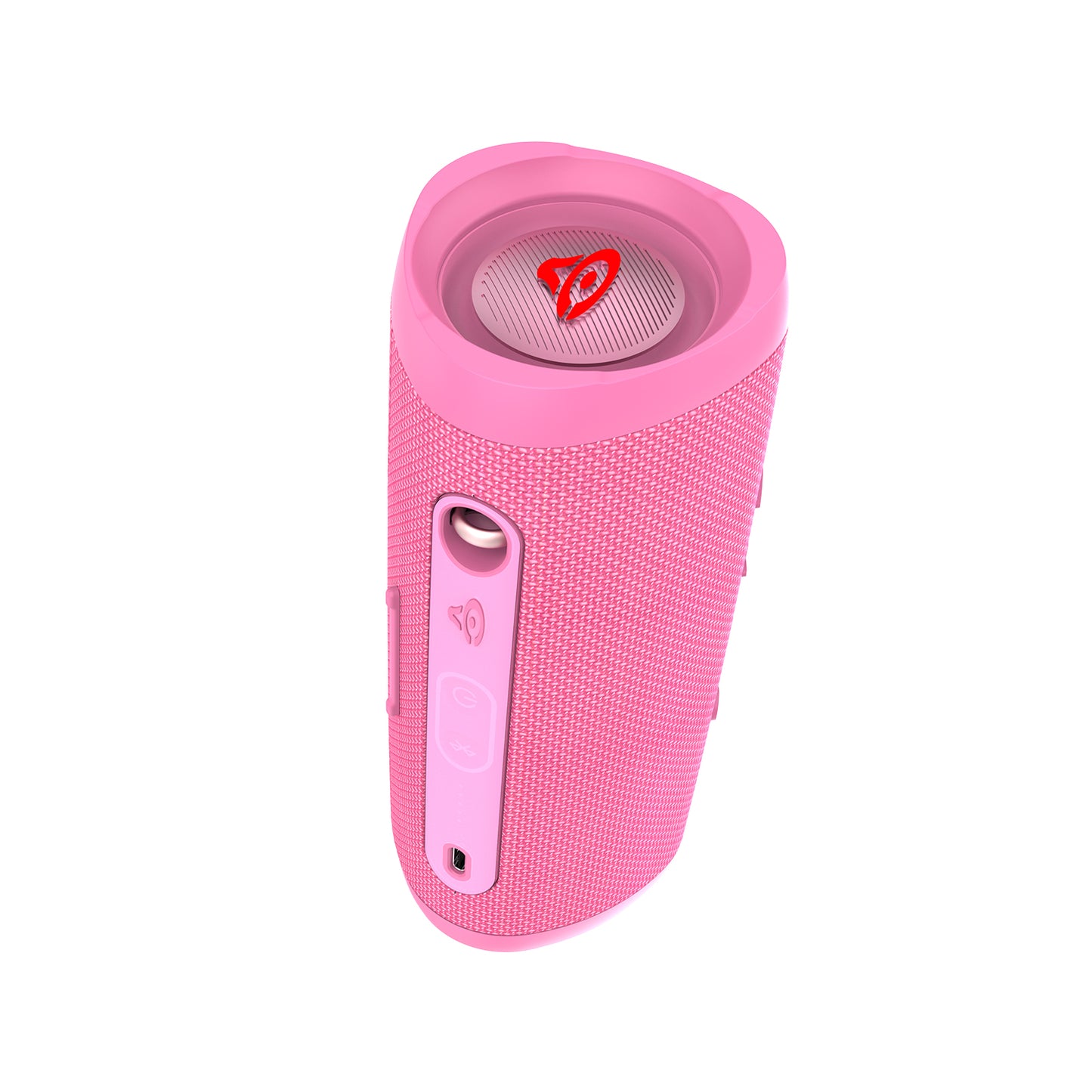 The VegaMini is a pink cylindrical Bluetooth speaker with a textured exterior and side control panel, delivering immersive audio. Its sleek design includes a circular top grille with a red logo and True Wireless Stereo (TWS) capabilities for a modern audio experience.