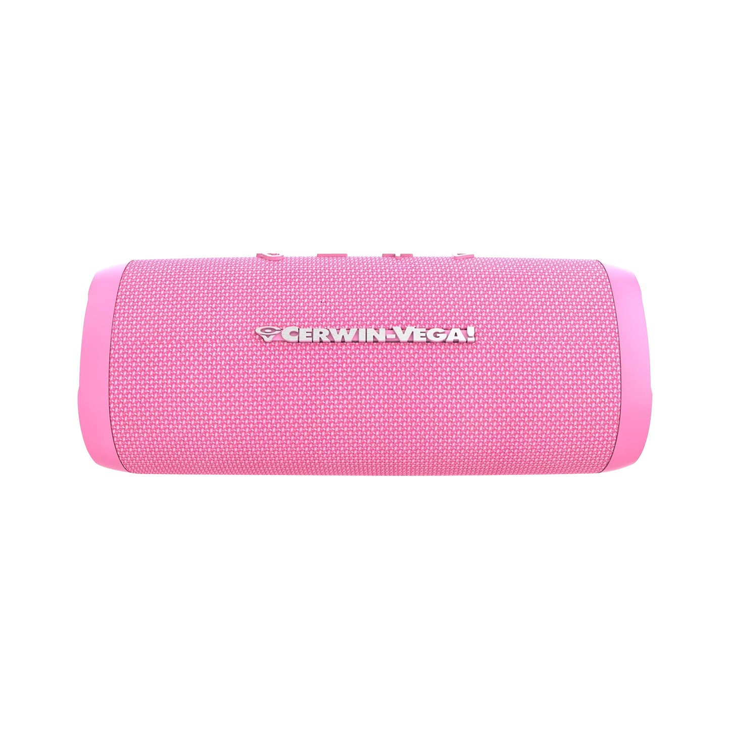 The VegaMini Compact Powerhouse is a pink cylindrical Bluetooth speaker with a woven texture, featuring the Cerwin-Vega! logo in white on the front. It delivers immersive audio and has control buttons on top, all set against a plain white background.