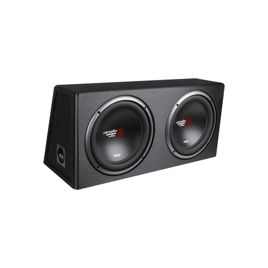 The XED Dual 10" Loaded Vented Enclosure - XE10DV is a black rectangular box with two large Cerwin Vega subwoofers featuring metallic rims and a red "3" logo. It has a textured finish, a small emblem on the left side, and boasts high power handling in its sleek, modern design.