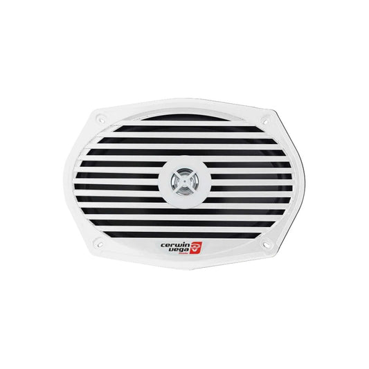 The RPM XED 6"x9" Marine Coaxial Speakers, model XM69W, are oval-shaped and white with black slatted grilles, featuring a central silver detail. Designed for UV resistance, they have four mounting holes and display the Cerwin Vega logo at the bottom right corner.