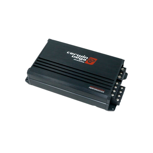 The Cerwin Vega XED6004D 4-Channel Full Range Class-D Amplifier features a black, metal rectangular casing with embossed branding on top. It offers multiple side connectors and cooling grooves, embodying high-performance car audio design.