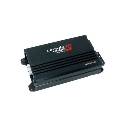 The XED Series 4-Channel Full Range Class-D Amplifier - XED6004D showcases a sleek black rectangular design on a white background, with a ridged top and side connectors. The Cerwin Vega white and red logo is on the top left, emphasizing its high-performance car audio pedigree.