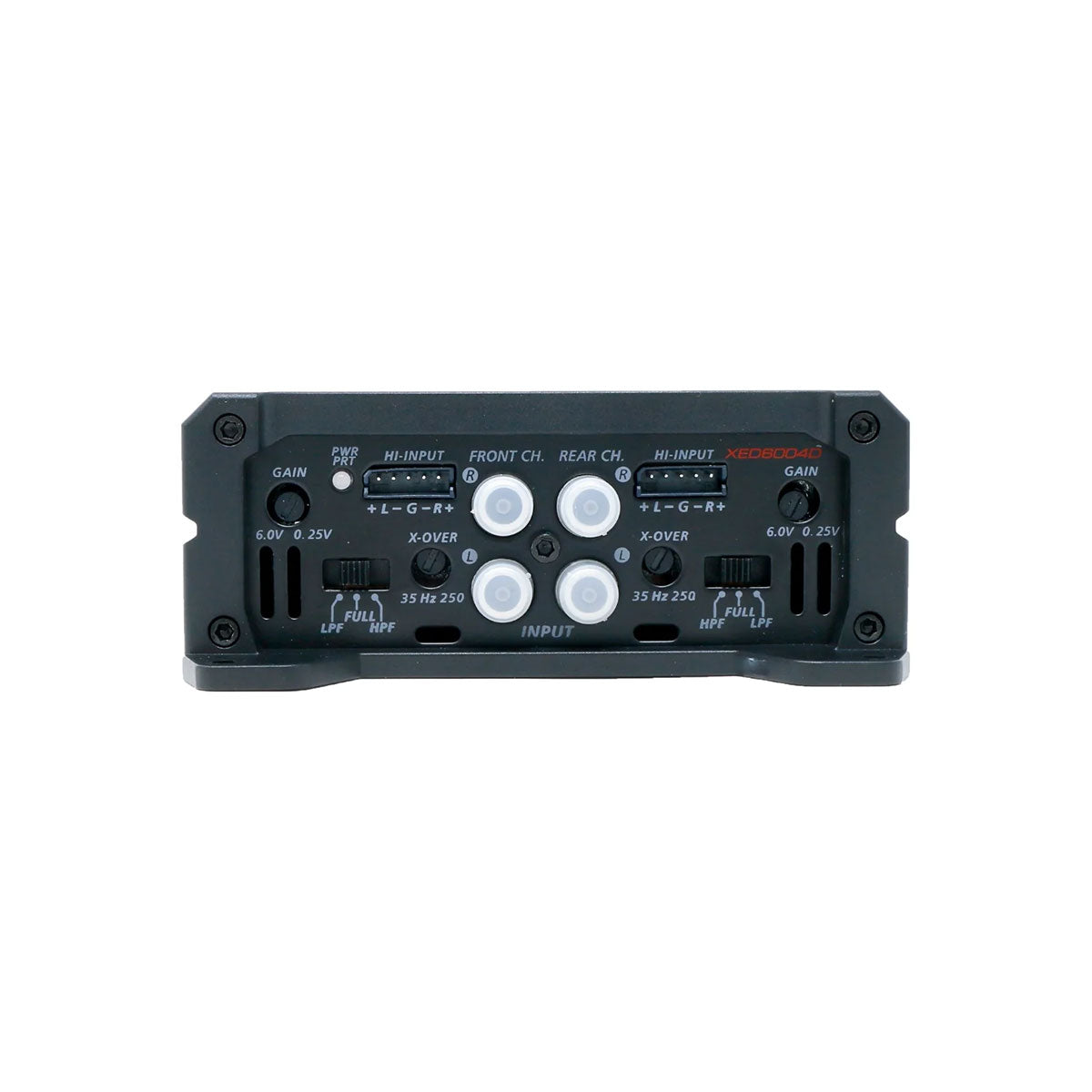 This image showcases the XED Series 4-Channel Full Range Class-D Amplifier - XED6004D, featuring a black rectangular body with multiple white knobs for gain and crossovers, two switches, and various input/output ports. It utilizes advanced Class D Amplifier Technology.