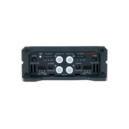 This image showcases the XED Series 4-Channel Full Range Class-D Amplifier - XED6004D, featuring a black rectangular body with multiple white knobs for gain and crossovers, two switches, and various input/output ports. It utilizes advanced Class D Amplifier Technology.