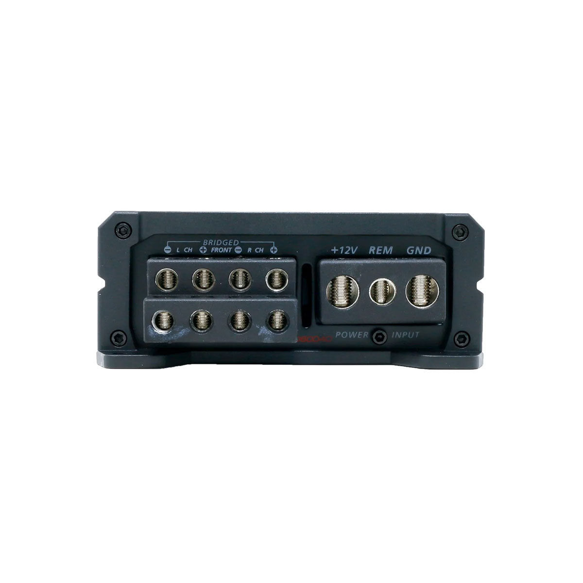 Close-up of the XED Series 4-Channel Full Range Class-D Amplifier - XED6004D panel in black, featuring screw terminals. The left has bridging and channel outputs, while the right includes +12V, REM, and GND inputs—offering high-performance car audio with a sleek rectangular design.