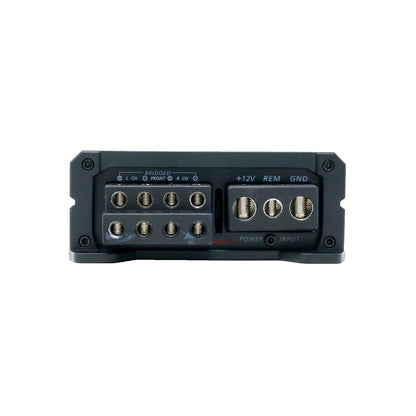 Close-up of the XED Series 4-Channel Full Range Class-D Amplifier - XED6004D panel in black, featuring screw terminals. The left has bridging and channel outputs, while the right includes +12V, REM, and GND inputs—offering high-performance car audio with a sleek rectangular design.