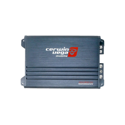 The image features the XED Series 1-Channel Mono Block Class-D Amplifier (XED3001D) by Cerwin-Vega Mobile. It’s a rectangular, high-performance car audio amplifier with a dark metallic finish and the iconic white and red logo, horizontal grooves, and connection ports on the right side.