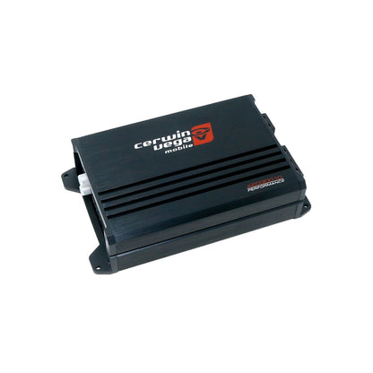 The Cerwin Vega XED Series 1-Channel Mono Block Class-D Amplifier (XED3001D) features a sleek, black rectangular design with the Cerwin Vega logo in silver and red on top. It has grooved lines, visible corner brackets for easy mounting, and is part of the high-performance XED Series.