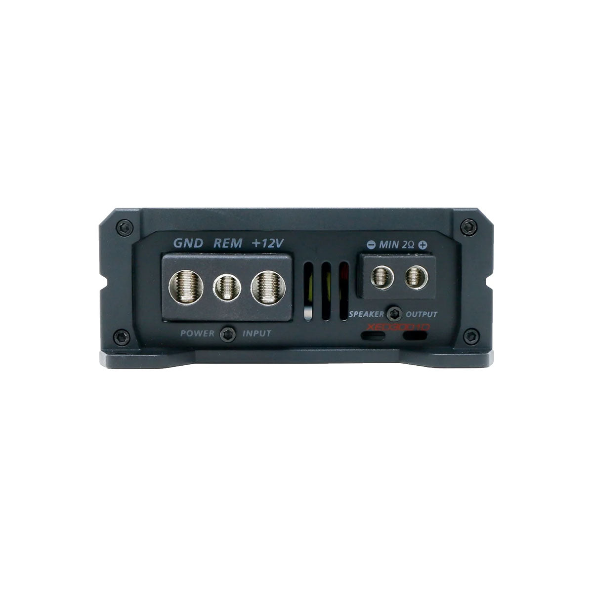 The XED3001D, a 1-Channel Mono Block Class-D Amplifier from the XED Series, displays its terminal panel with labeled power input ports: "GND," "REM," and "+12V" featuring three metal terminals. It includes a label reading "MIN 2Ω." The high-performance car audio amplifier is set against a plain white backdrop.