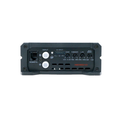 The black XED Series 1-Channel Mono Block Class-D Amplifier - XED3001D front view highlights a high-performance design with a remote input port, multiple dials for gain, subsonic, low frequency, and bass boost. A minimalist style features corner screws and bold "XED300.1D" in red text.