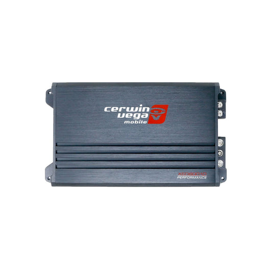 Image of a Cerwin Vega XED Amplifier: A dark gray, rectangular device with the brand logo and "XED600.5D PERFORMANCE" printed in red and white on top. It features multiple side connection ports and a textured, grooved finish.