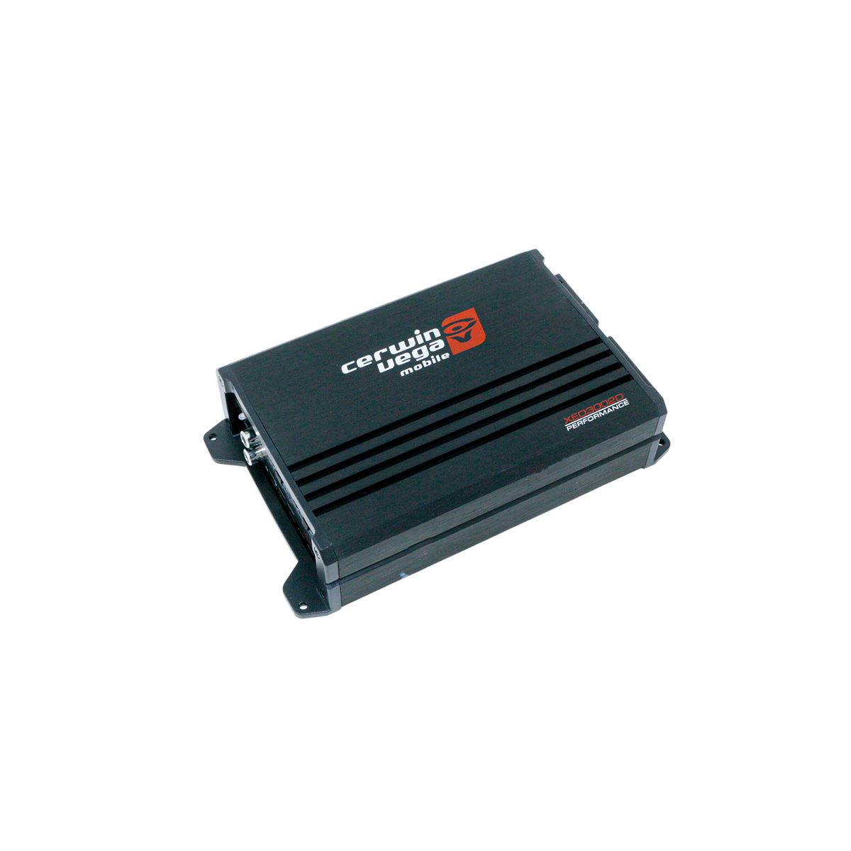 The XED Series 2-Channel Class-D Amplifier - 250W Max - XED3002D is a black, rectangular electronic device with a ribbed top surface, featuring "cetwin leap mobile" and a small red logo. Two mounting brackets extend from the lower edges, suggesting high-performance car audio equipment with xtreme energy design.