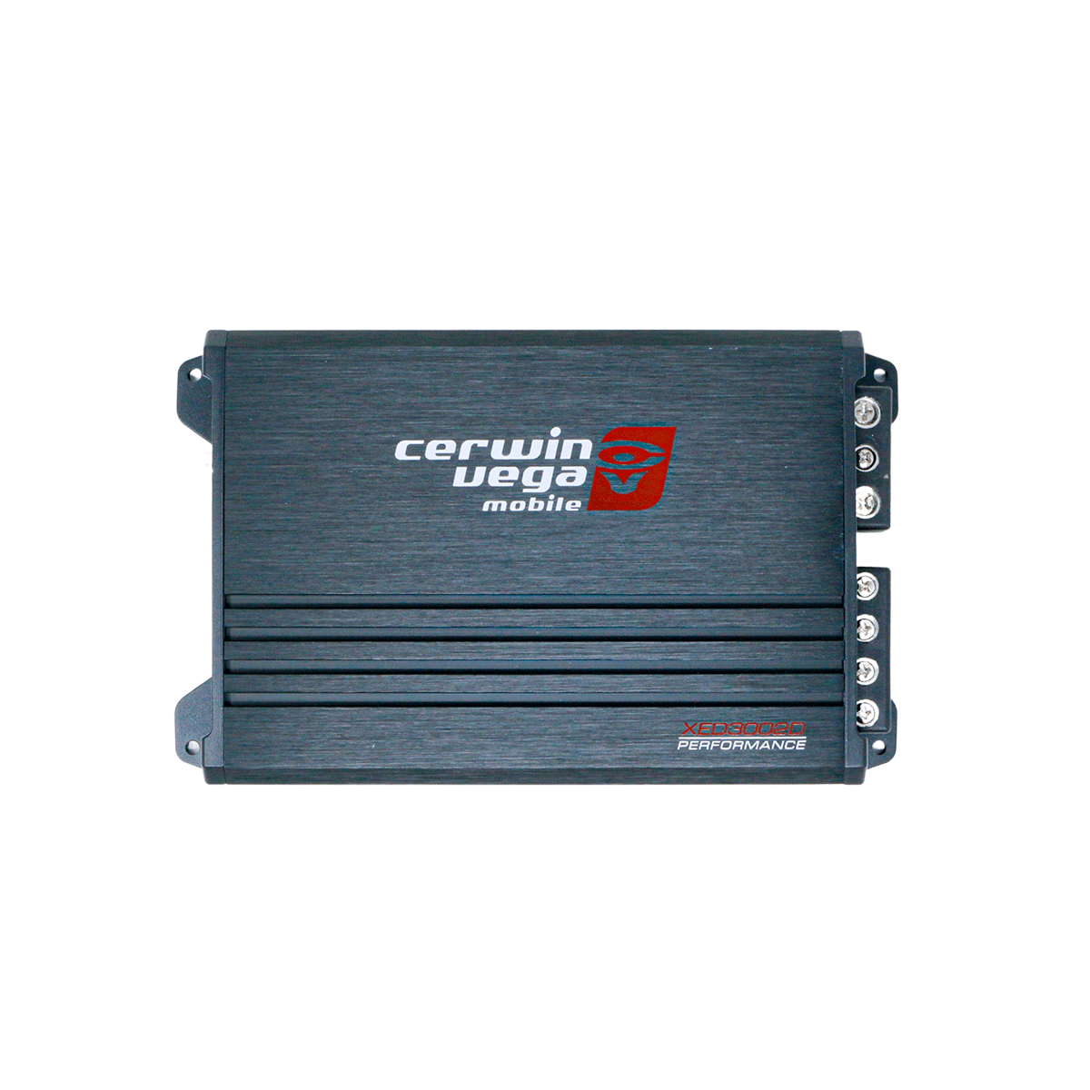 The black XED Series 2-Channel Class-D Amplifier by Cerwin Vega features a red and white logo, three grooves on the left, multiple connectors on the right. "XED SERIES PERFORMANCE" appears at the bottom right, reflecting its Xtreme Energy Design for high-performance car audio.