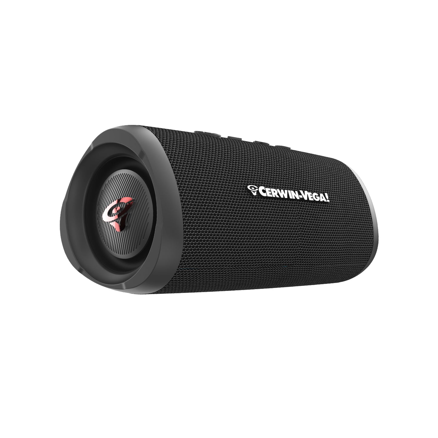 The VegaMini is a black cylindrical Bluetooth speaker from Cerwin-Vega, featuring a mesh grille, top control buttons, and the brand logo with a stylized eye on the side. It offers an immersive audio experience with True Wireless Stereo (TWS), and its compact design stands upright at a slight angle.