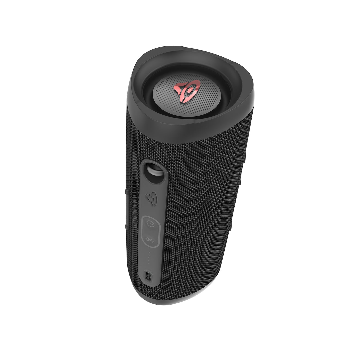 The VegaMini is a compact powerhouse featuring a cylindrical design and black mesh exterior for immersive audio. It has a prominent top logo, side control buttons, and a USB-C port. Its sleek modern look supports TWS for seamless connectivity.